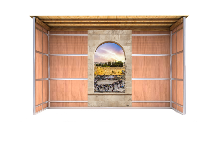 Custom Archway Window Sukkah Mural installed with decorative stone archway featuring a cityscape scene