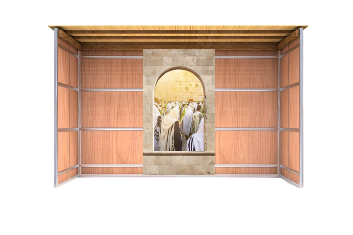 Decorative wall art with a stone arch and floral design on a wooden frame in custom sukkah mural