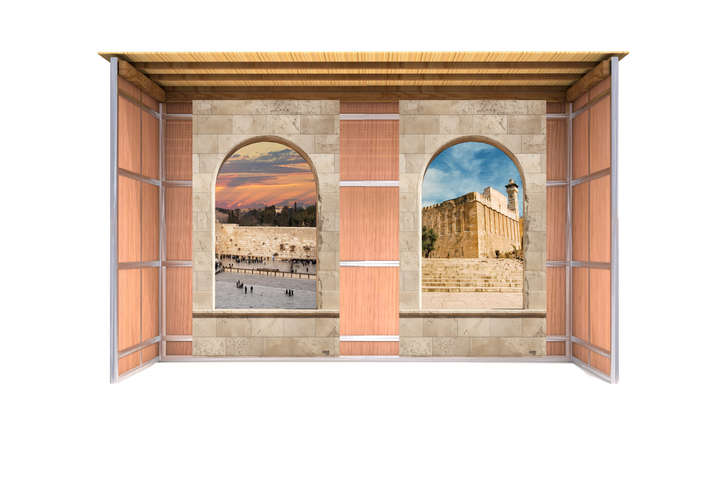 Custom Archway Window Sukkah Mural with two arched scenes featuring the Western Wall and cityscape framed by wooden elements