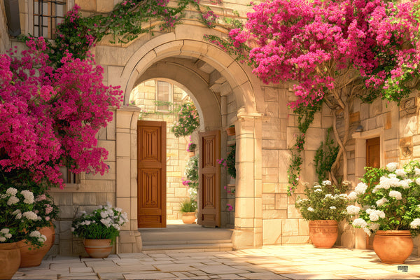 Courtyard Bloom Sukkah Mural sukkah mural featuring a stone archway with pink flowers and potted plants in a courtyard garden