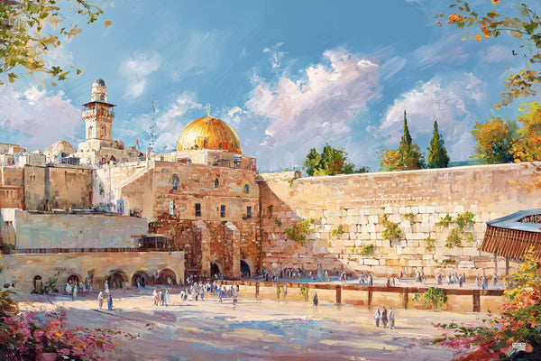 Kosel in Color Sukkah Mural sukkah mural featuring the Western Wall and Dome of the Rock in Jerusalem in warm colors