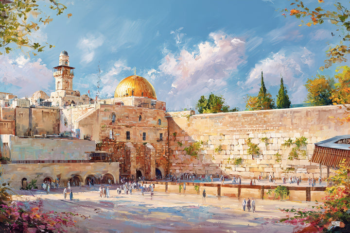 Kosel in Color Sukkah Mural sukkah mural featuring the Western Wall and Dome of the Rock in Jerusalem in warm colors