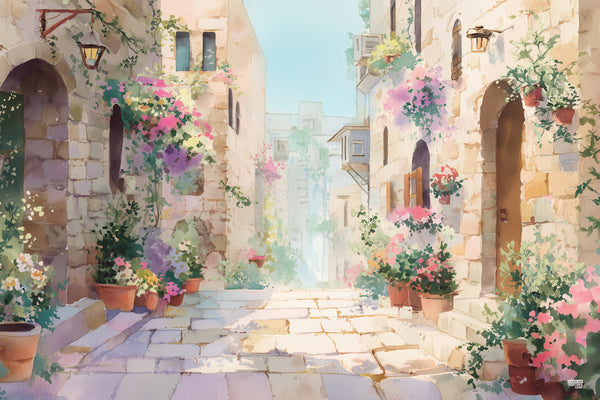 Pastel Alley Sukkah Mural sukkah mural featuring a quaint village streetscape with stone buildings and potted flowers