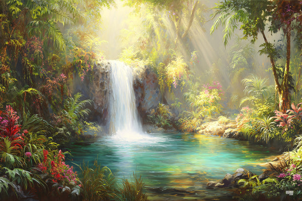 Tropical Falls Sukkah Mural sukkah mural featuring a tropical waterfall in a lush forest with sunlight filtering through the trees