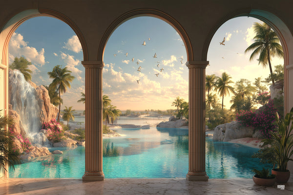 Tropical View Sukkah Mural sukkah mural featuring luxurious pool area with arched columns, waterfalls, and palm trees