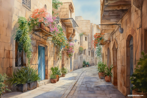 Old City Floral Watercolor Sukkah Mural