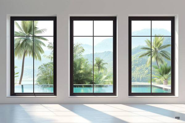 Windows to Paradise Sukkah Mural sukkah mural featuring three black-framed windows with a view of palm trees and pool